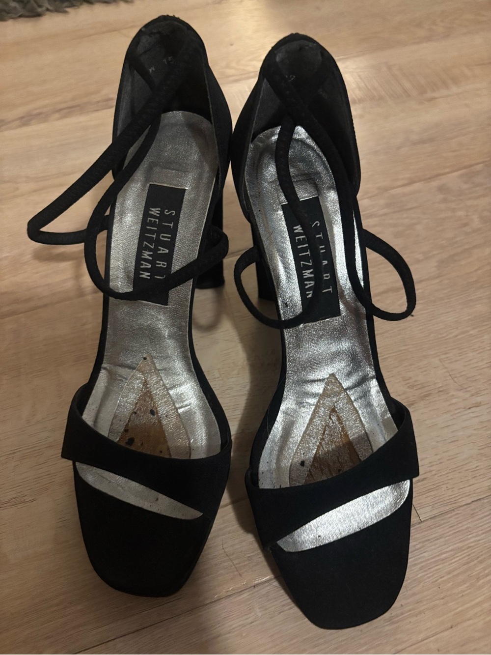 Stuart Weitzman Black Suede Open-Toe Ankle-Tie Heels